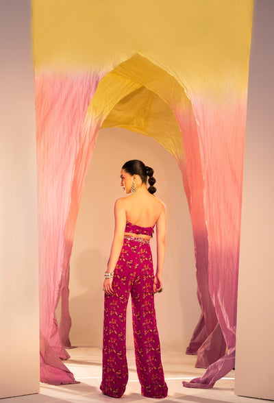 Printed Cape With  Embroidered Tube Blouse And Printed Straight Pants
