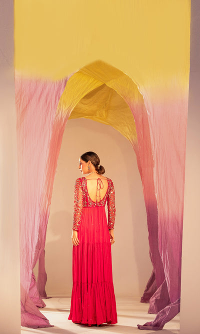 Embroidered V Hem Full Sleeve 3 Tiered Anarkali Set