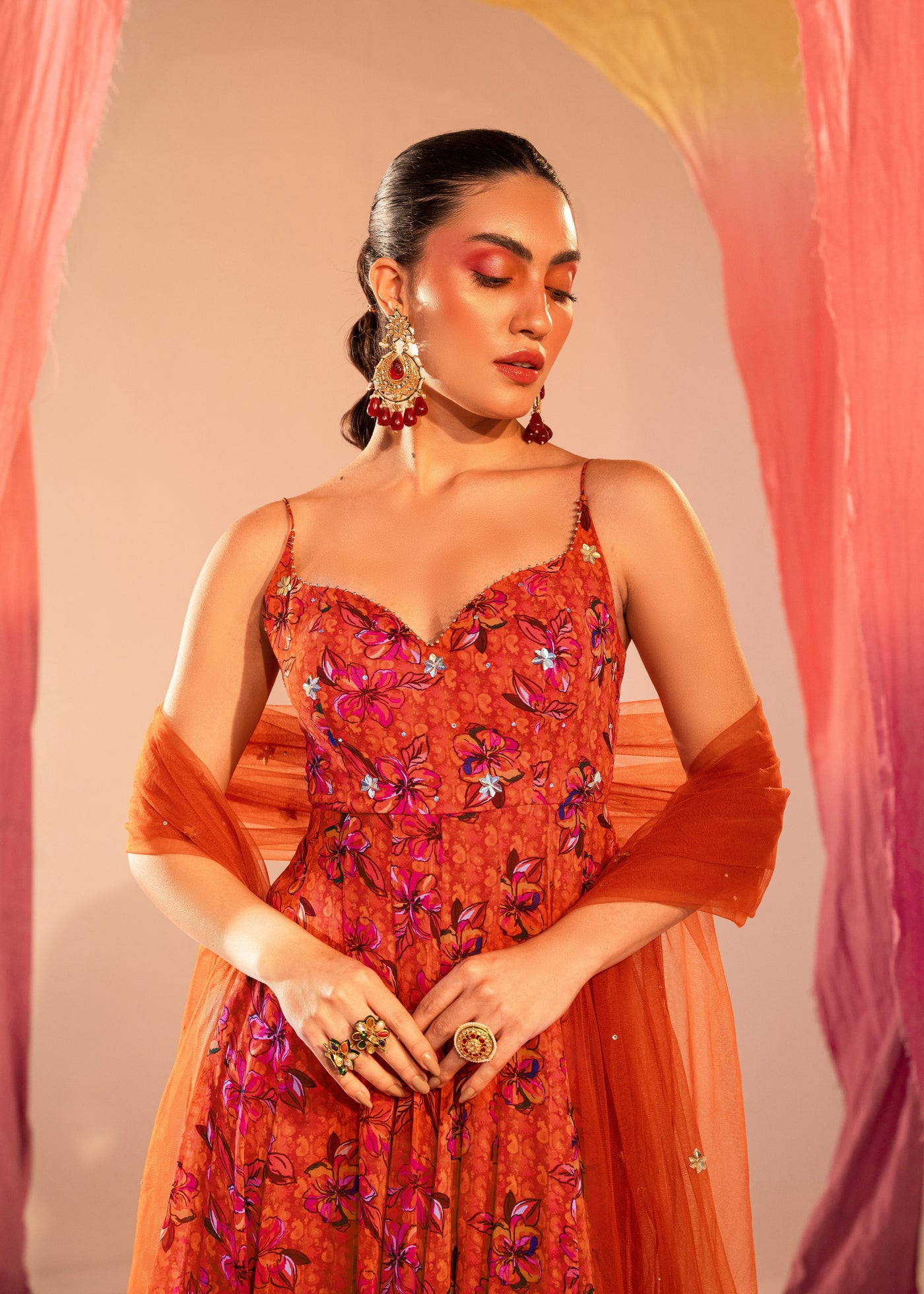Printed Sweetheart Anarkali With High Slit And Embroidered Dupatta Set
