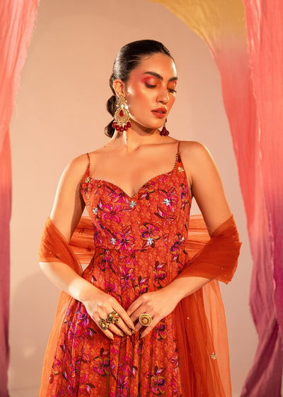 Printed Sweetheart Anarkali With High Slit And Embroidered Dupatta Set