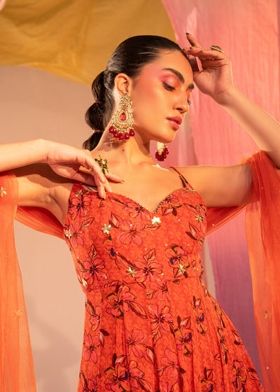 Printed Sweetheart Anarkali With High Slit And Embroidered Dupatta Set