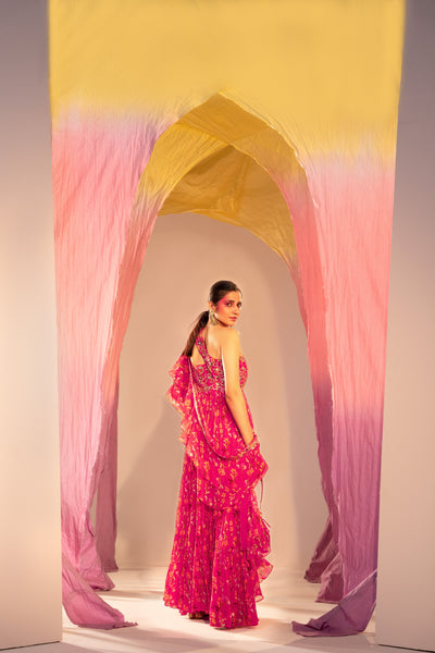 Embroidered One Shoulder Printed Anarkali With Frill Dupatta Set