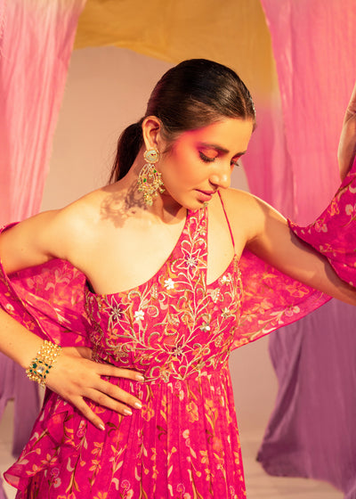 Embroidered One Shoulder Printed Anarkali With Frill Dupatta Set