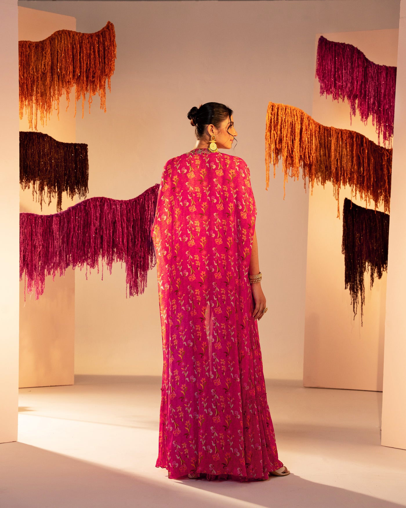 Printed Cape With  Embroidered Tube Blouse And Printed Straight Pants