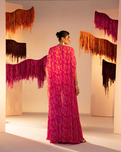 Printed Cape With  Embroidered Tube Blouse And Printed Straight Pants