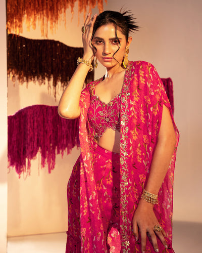 Printed Cape With  Embroidered Tube Blouse And Printed Straight Pants