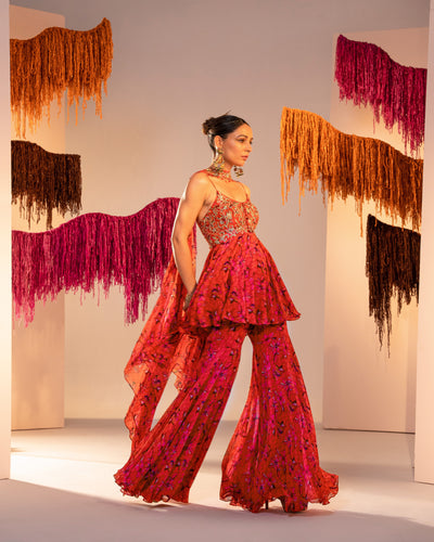 Embroidered Scoop Neck Printed Peplum And Gharara With Choker Dupatta