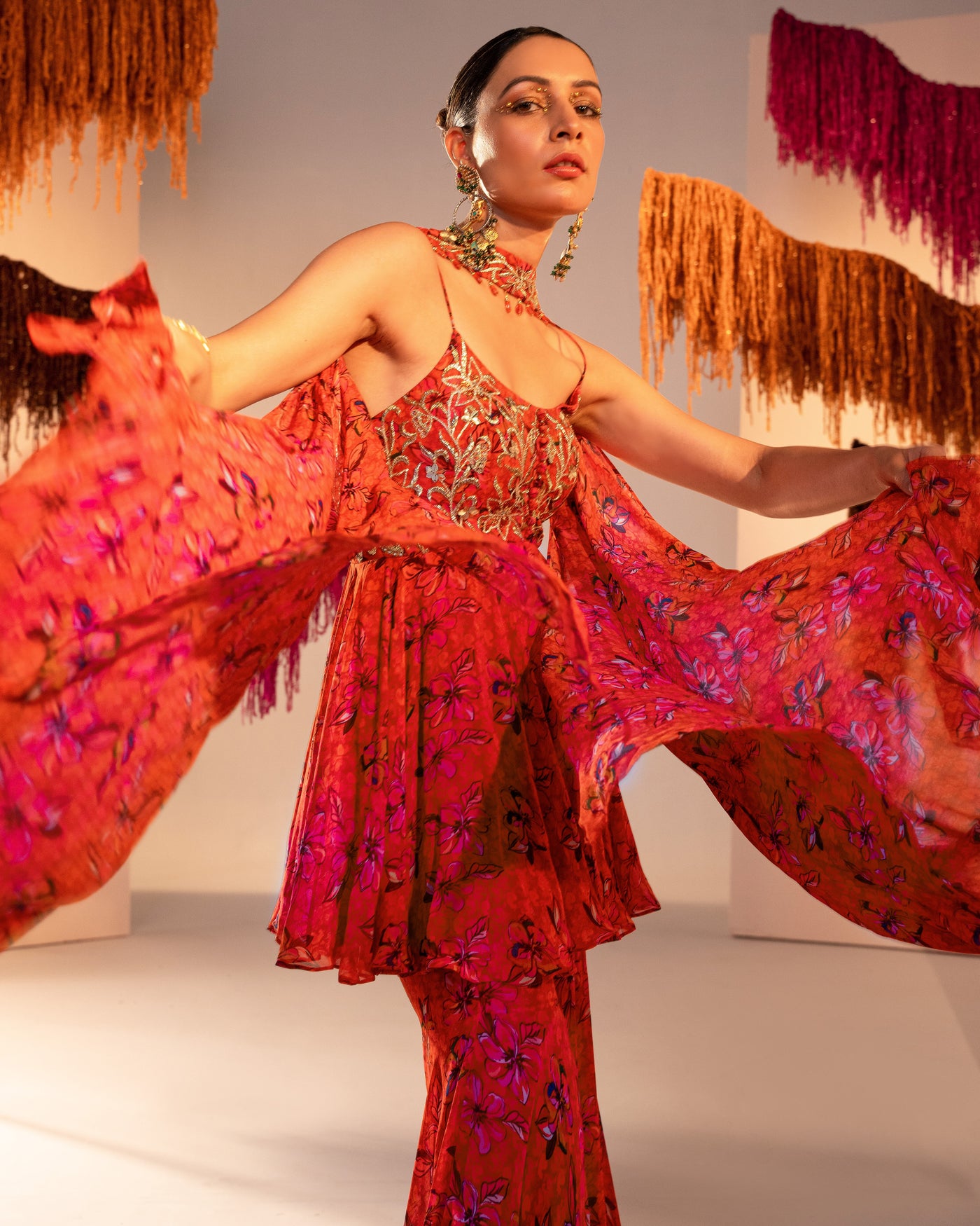 Embroidered Scoop Neck Printed Peplum And Gharara With Choker Dupatta