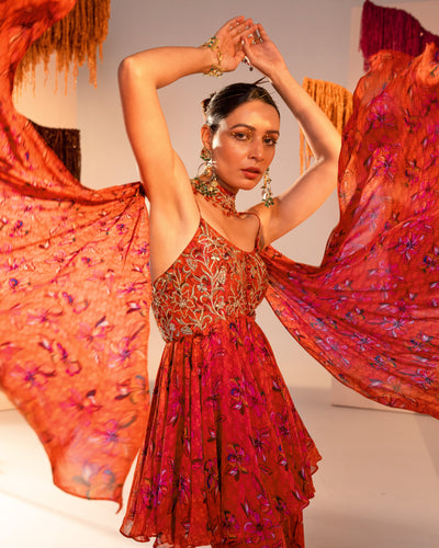 Embroidered Scoop Neck Printed Peplum And Gharara With Choker Dupatta
