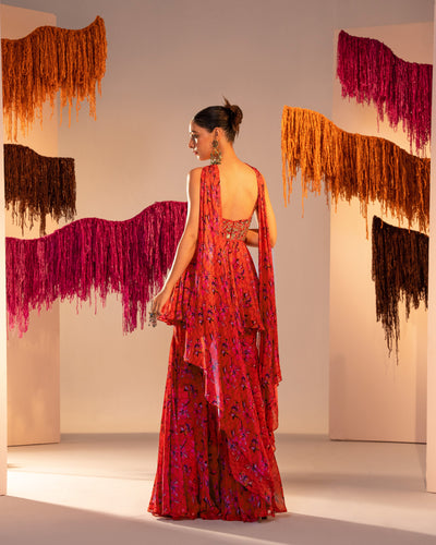 Embroidered Scoop Neck Printed Peplum And Gharara With Choker Dupatta
