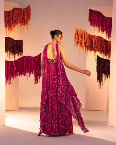 Embroidered V Hem 3-Tiered Printed Anarkali With Choker Dupatta