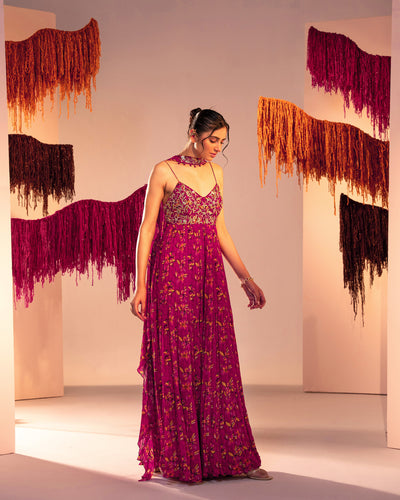 Embroidered V Hem 3-Tiered Printed Anarkali With Choker Dupatta