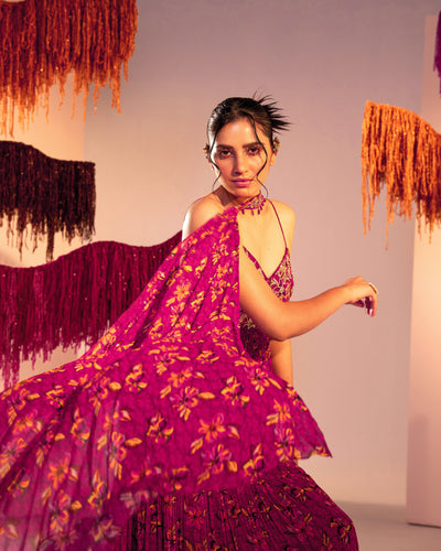 Embroidered V Hem 3-Tiered Printed Anarkali With Choker Dupatta