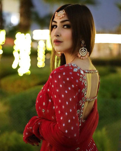Anmol Bhatia in Mirror Work 3-Tiered Anarkali With Back Cut Outs And Embroidered Dupatta