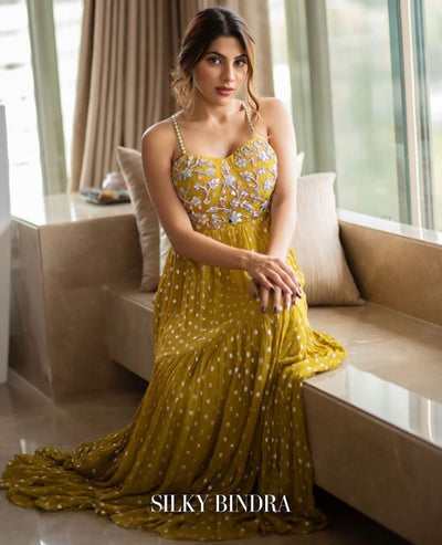 Nikki Tamboli In Corset Mirror Work 3-Tiered Anarkali With Choker Dupatta