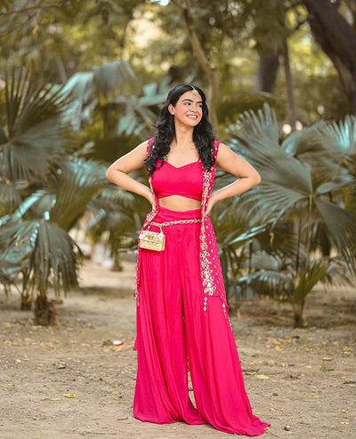Nishtha Gandhi in Mirror Work Asymettrical Cape With High Waist Pallazo And V-Hem Crop Top