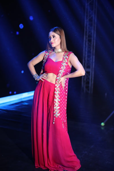Shivangi Joshi in Mirror Work Asymmetrical Cape With High Waist Pallazo And V-Hem Crop Top