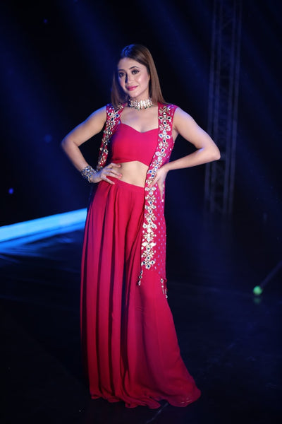 Shivangi Joshi in Mirror Work Asymmetrical Cape With High Waist Pallazo And V-Hem Crop Top