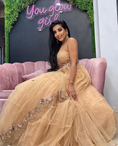 Swati Verma in Tulle Floral Embroidered Corset With 3-Tiered Crystal Embellished Lehenga & Embroidered Border Dupatta