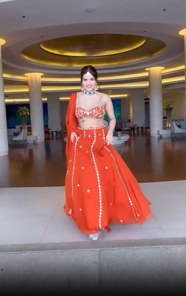 Guneet Virdi in Mirror Work V-Hem Bustier With High Waist Mirror Lines Lehenga And Embroidered Dupatta