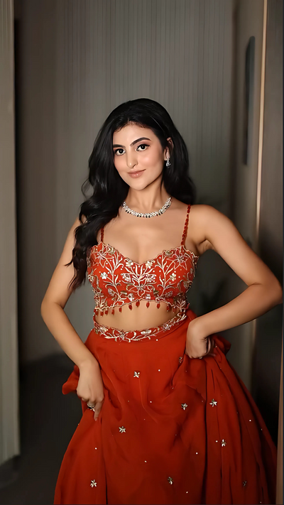 Snigdha in V Hem Embroidered Blouse With Lehenga And Embroidered Dupatta Set