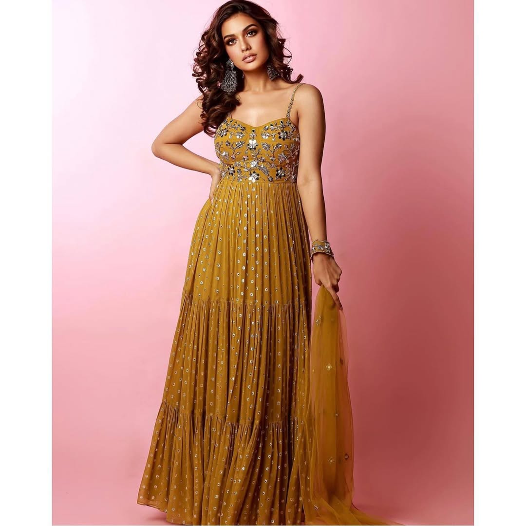Divya Agarwal in  Corset Mirror Work 3-Tiered Anarkali With Choker Dupatta