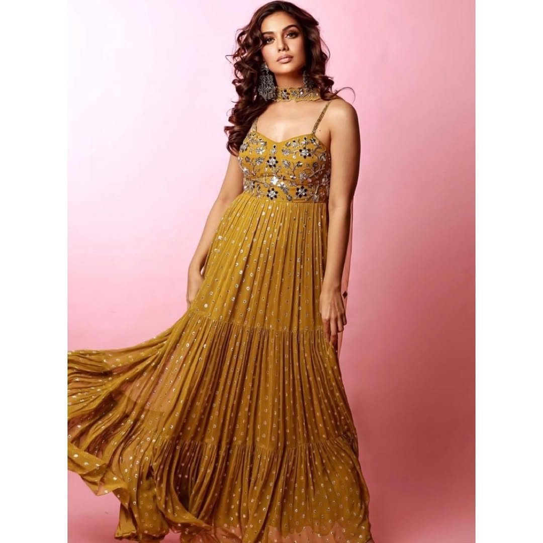 Divya Agarwal in  Corset Mirror Work 3-Tiered Anarkali With Choker Dupatta