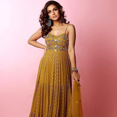 Divya Agarwal in  Corset Mirror Work 3-Tiered Anarkali With Choker Dupatta