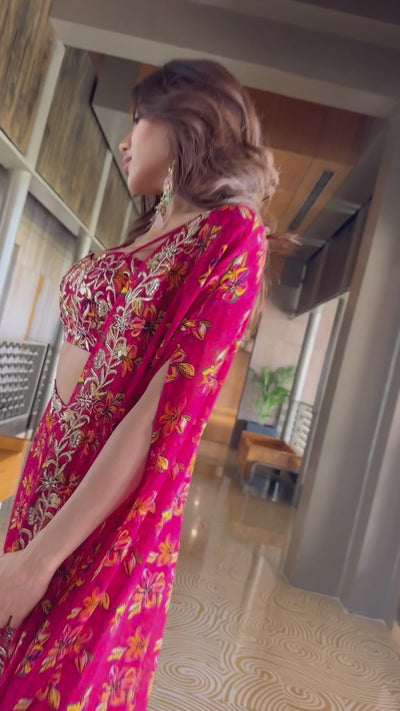 Niki Tamboli in Printed Cape With  Embroidered Tube Blouse And Printed Straight Pants (Copy)