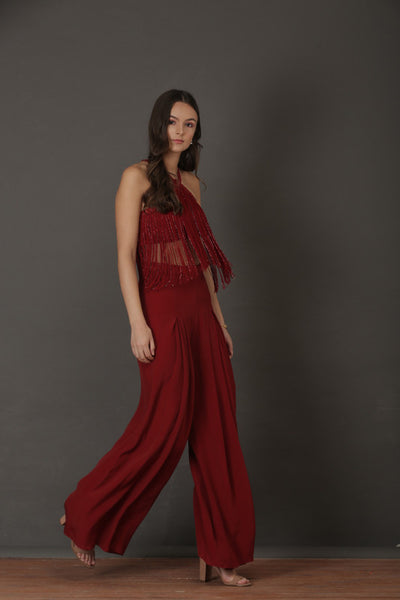 Red Embroidered Fringe Blouse And Pant Set