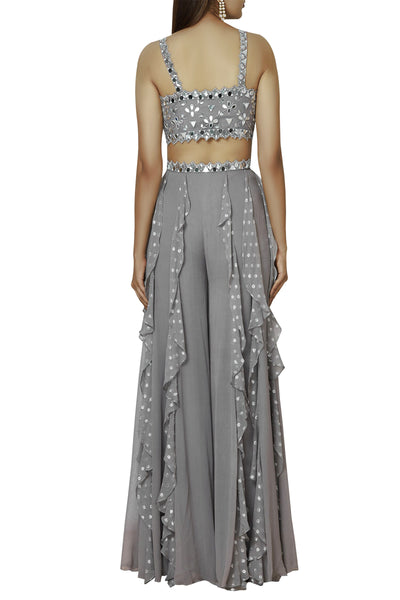 Lurex Georgette And Plain Georgette Frill Pallazo Tulle Mirror Work Bustier  And Dupatta