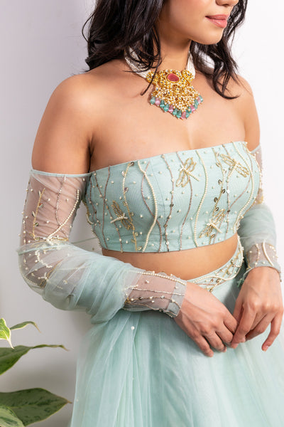 Off-Shoulder Embroidered Blouse With Pearl Tasseled Lehenga And Dupatta