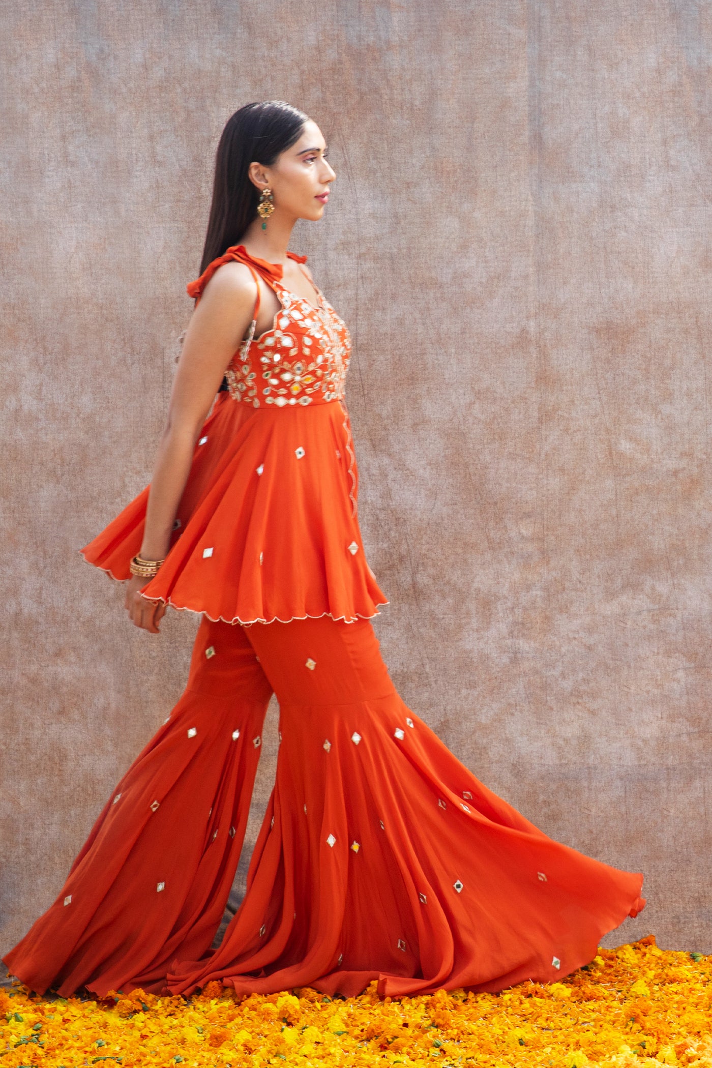 Mirror Work Scalloped Peplum With Tie-Up Straps And Fit'N'Flare Pant Set