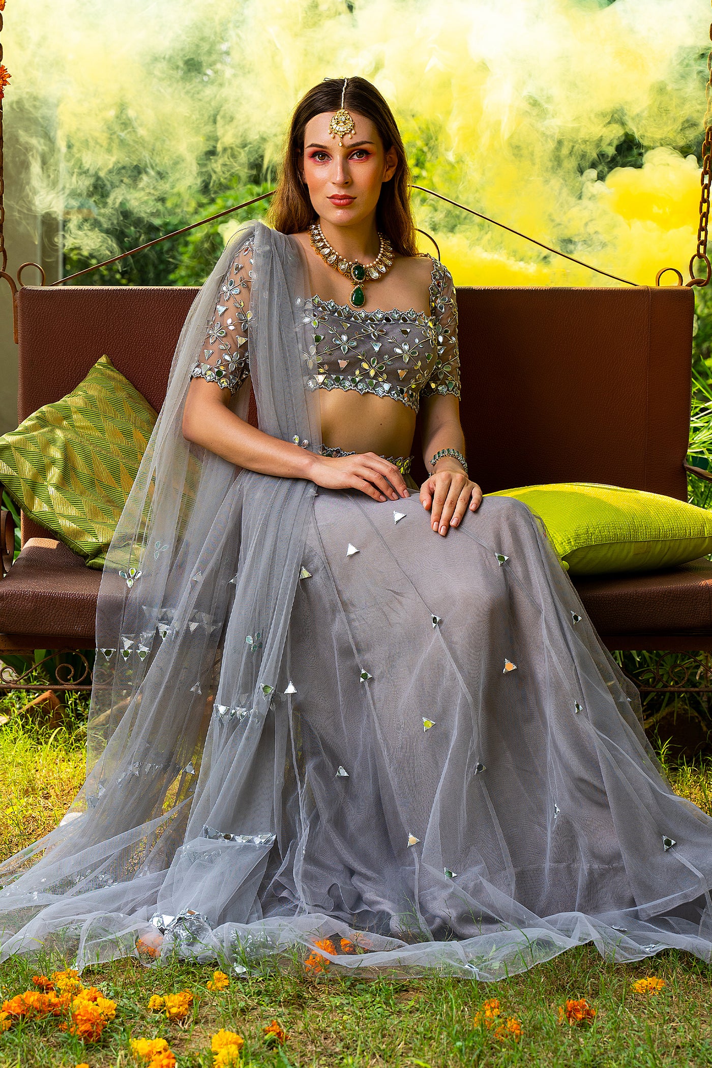 Tulle Mirror Lehenga With Net Square Neck Bustier And Tulle Dupatta