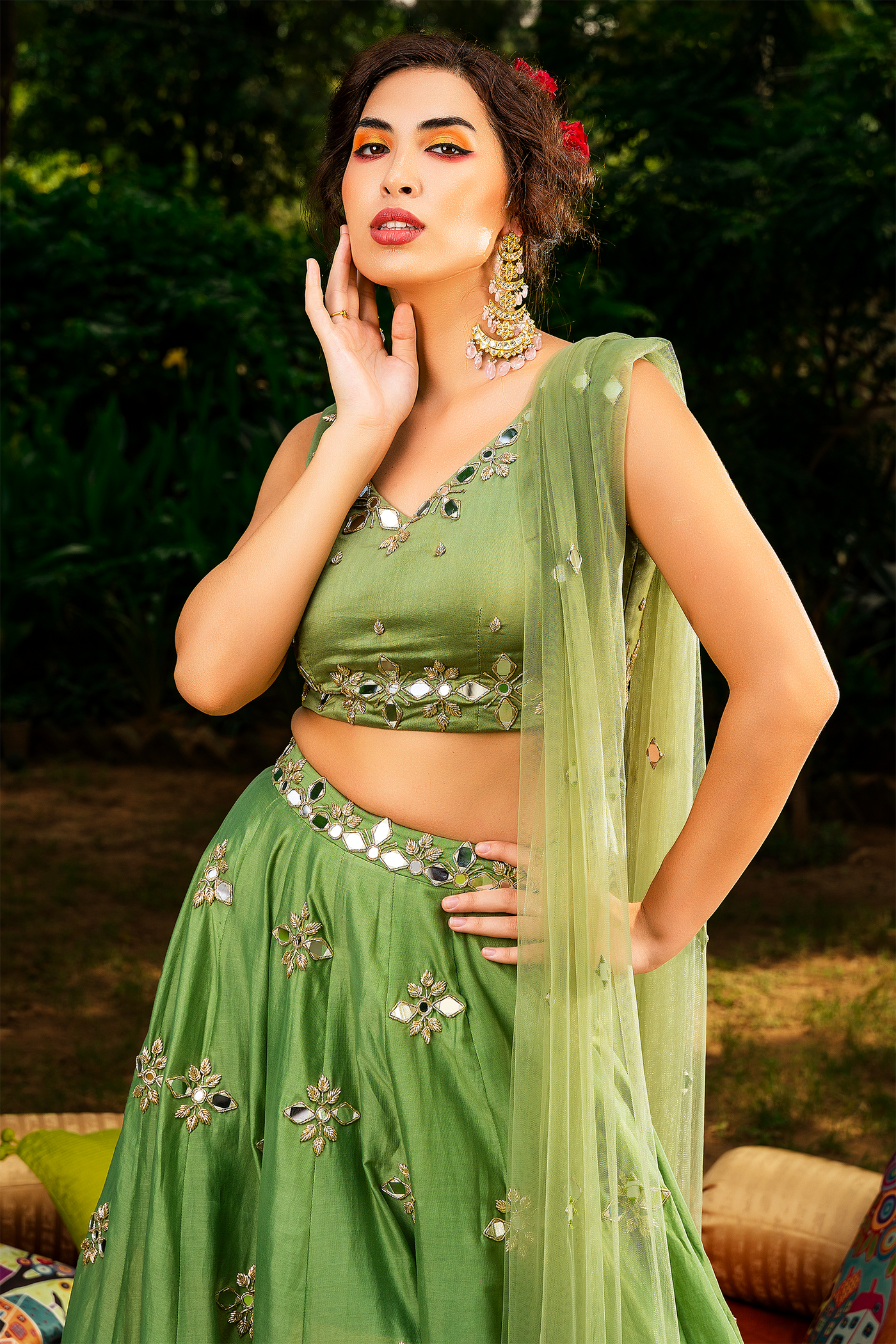Chanderi Mirror Work Lehenga Set