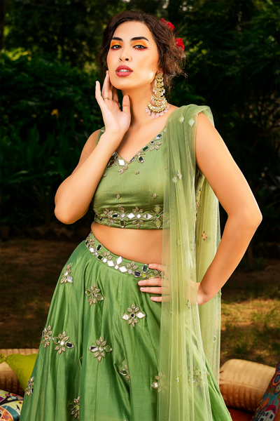 Chanderi Mirror Work Lehenga Set