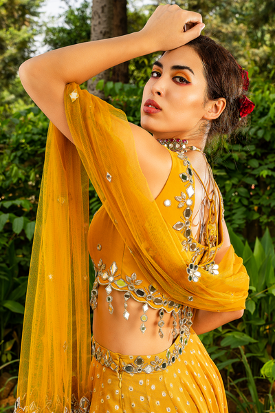 Lurex Georgette Lehenga With Scalloped Mirror Work Blouse And Dupatta