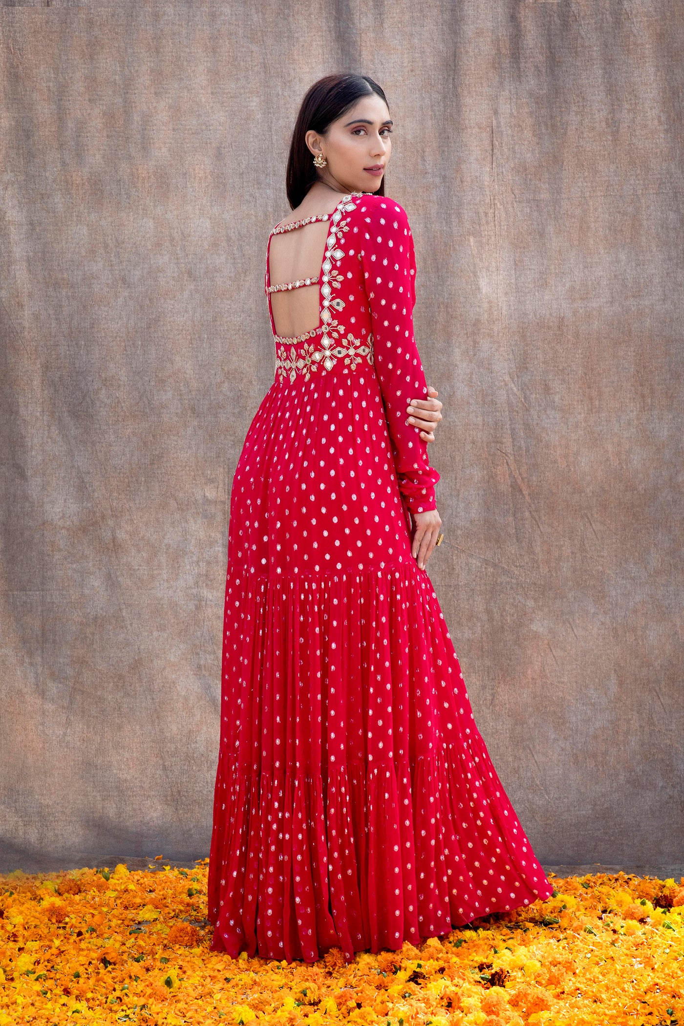 Mirror Work 3-Tiered Anarkali With Back Cut Outs And Embroidered Dupatta