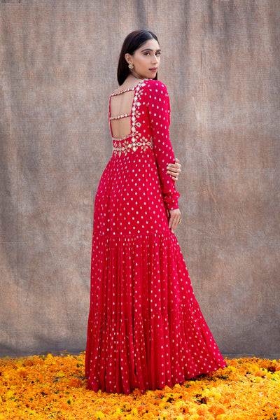 Mirror Work 3-Tiered Anarkali With Back Cut Outs And Embroidered Dupatta