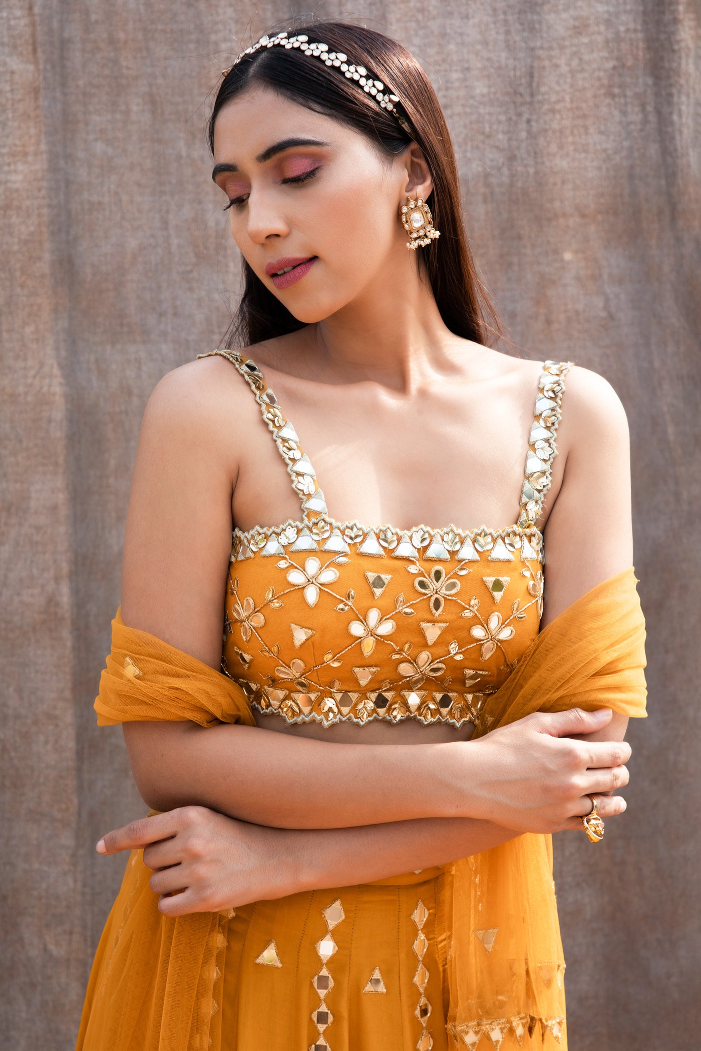 Mirror Work Bustier With High Waist Mirror Lines Lehenga And Embroidered Dupatta