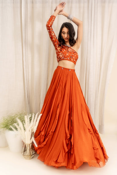 Crystal Embellished High Waist Frills Panelled Lehenga With 1-Shoulder Floral Embroidered Blouse And Floral Border Dupatta