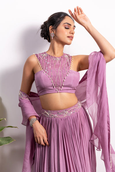 Embroidered Blouse With High Slit Lehenga And Frill Dupatta ( Without Slit Available)