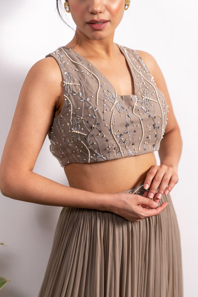 Glass Neckline Embroidered Blouse With 3-Tiered Lehenga And Dupatta