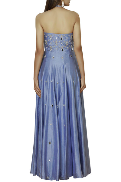 Halter Neck Chanderi Mirror Work Anarkali And Dupatta Set