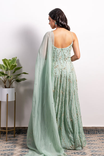Pearl Strap Embroidered Panelled Anarkali With Dupatta