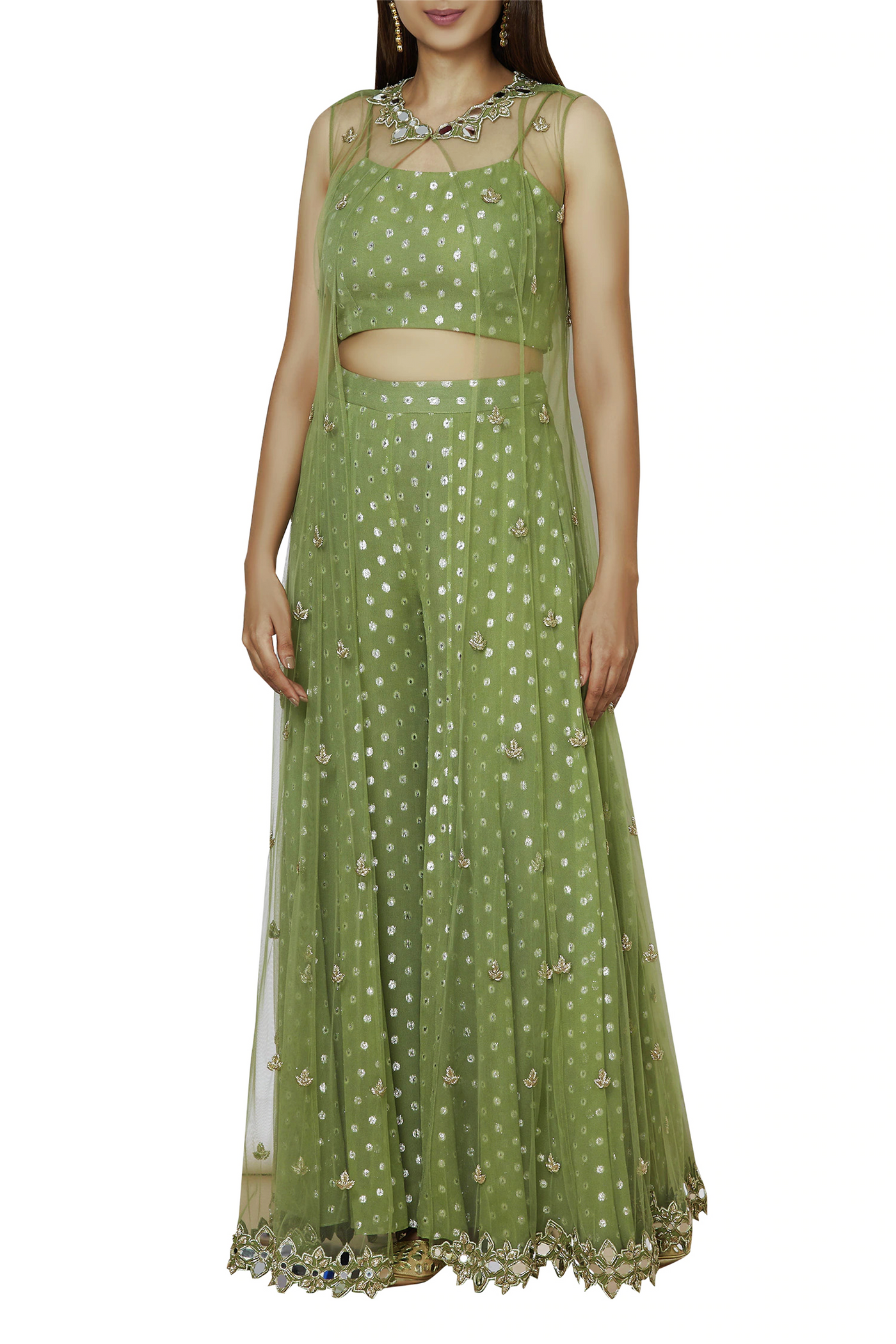 Net Floor Length Mirror Work Jacket With Lurex Georgette Crop Top And Pallazo Set