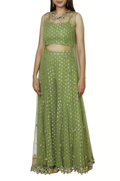 Net Floor Length Mirror Work Jacket With Lurex Georgette Crop Top And Pallazo Set