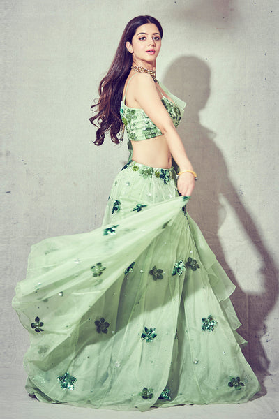 Floral Embroidered V-Hem Blouse With Embroidered Lehenga And Floral Embroidered Ruffles Dupatta