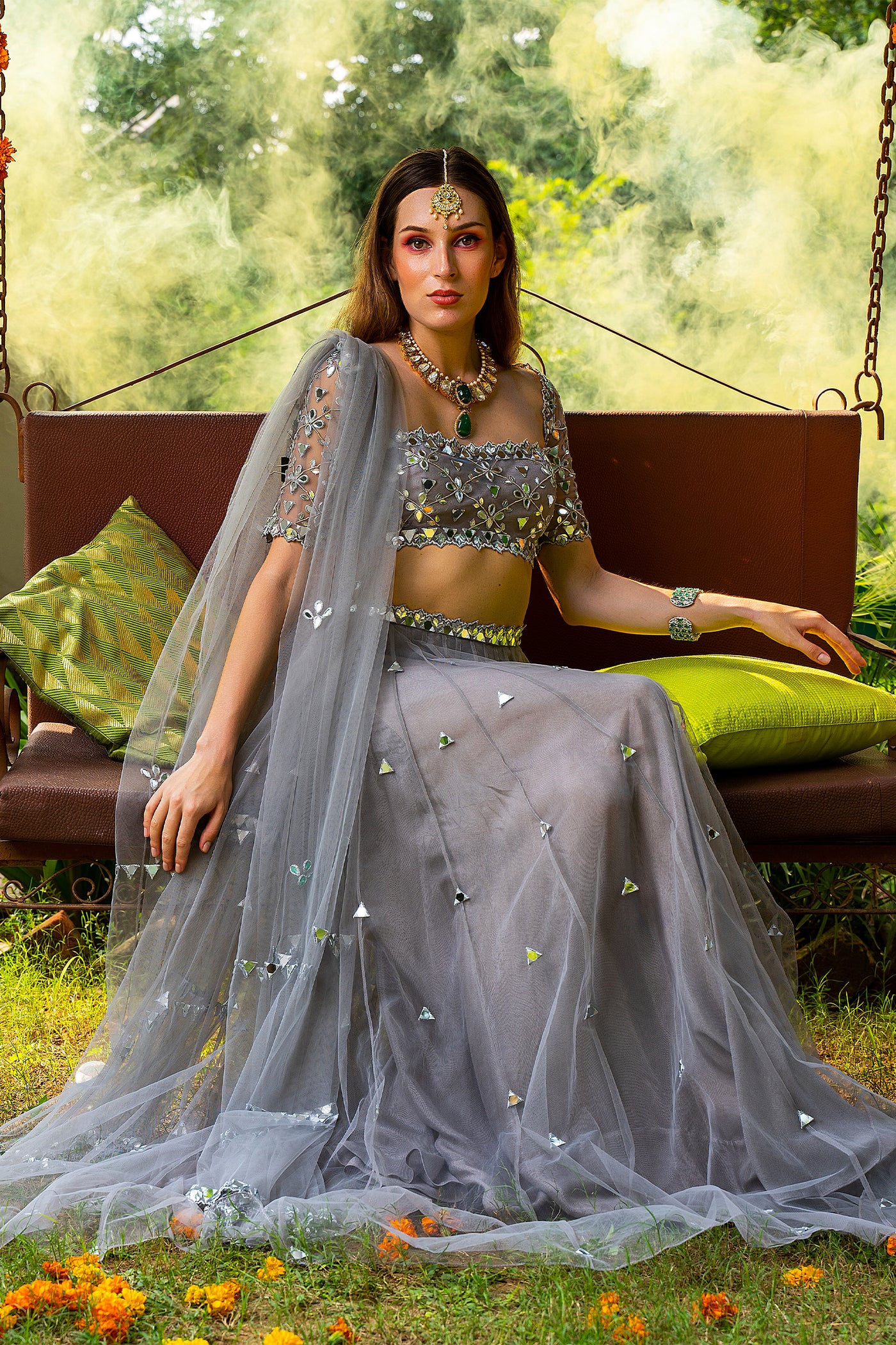 Tulle Mirror Lehenga With Net Square Neck Bustier And Tulle Dupatta