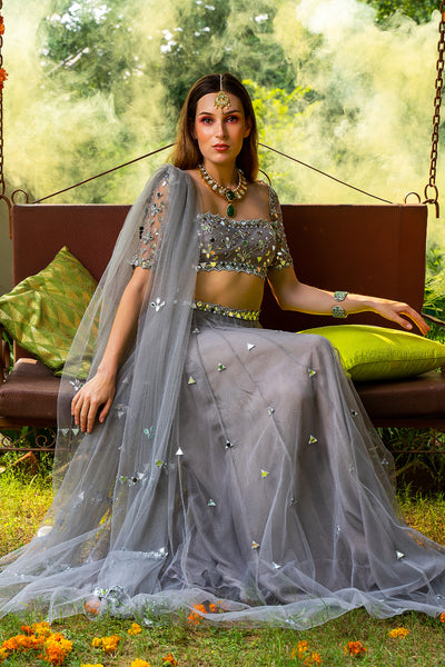 Tulle Mirror Lehenga With Net Square Neck Bustier And Tulle Dupatta
